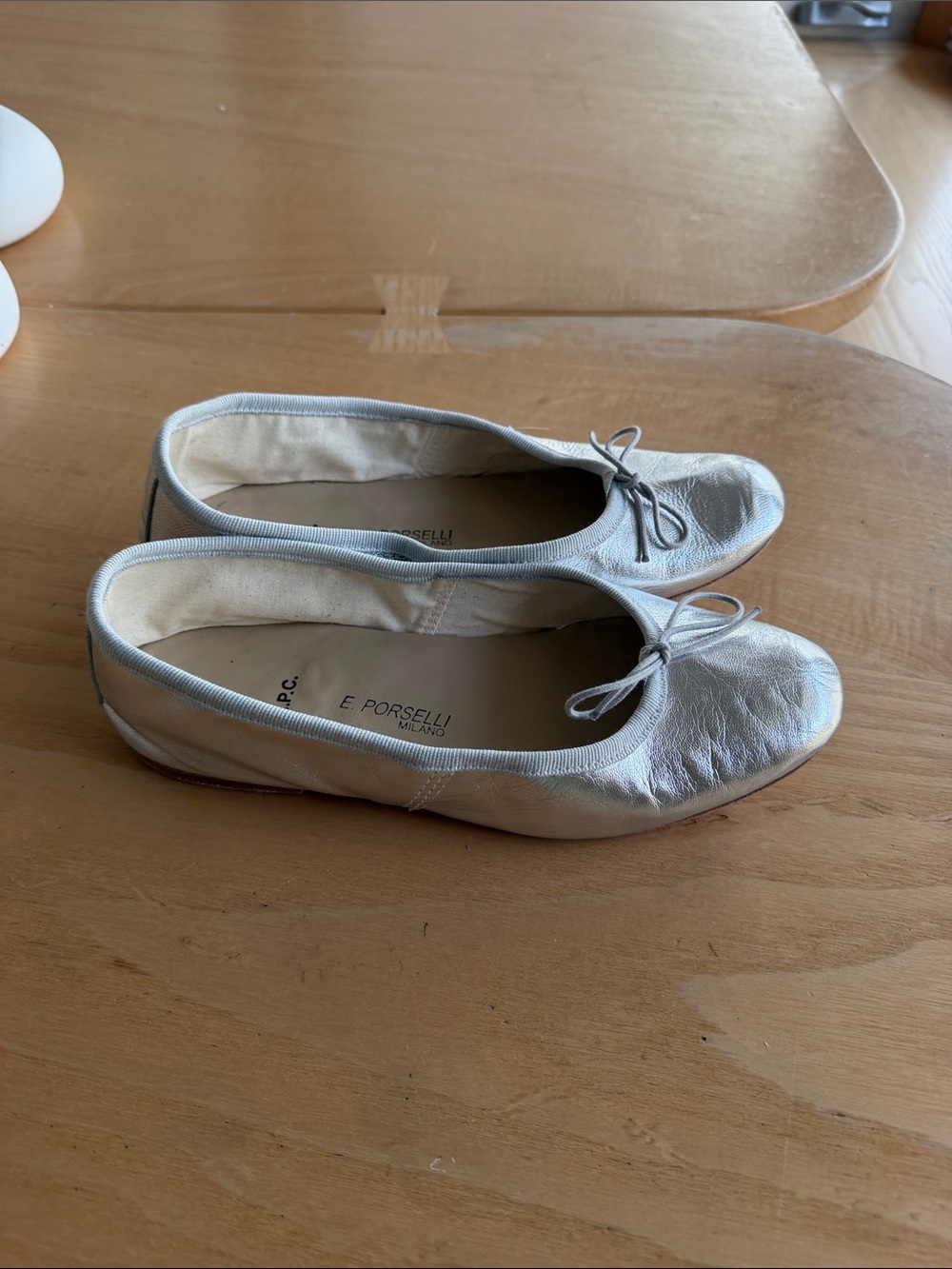 A.P.C. Metallic Silver Leather Ballet Flats with Bow